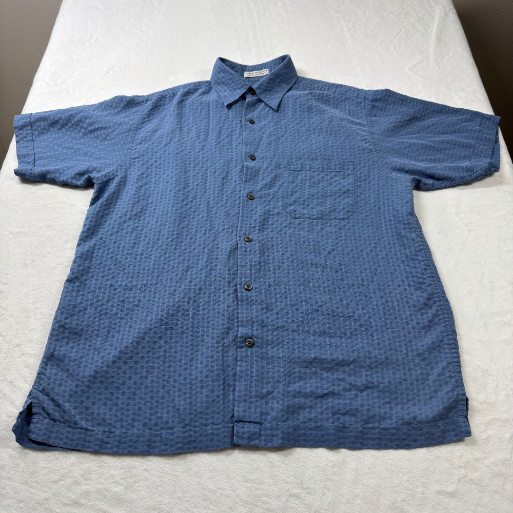 Alfani Button Down Shirt Mens Medium Blue Good Textured Short Sleeve Rayon Blend